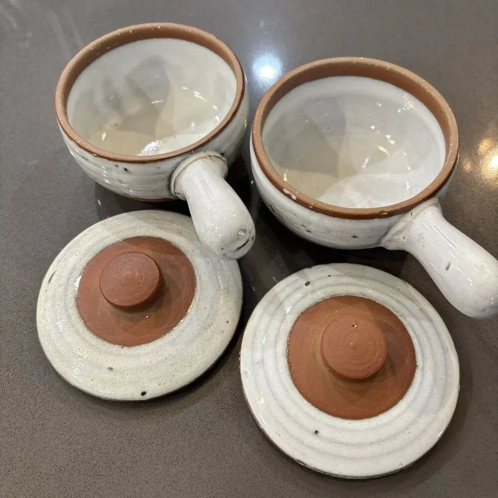 Set 2 Clay Pottery Covered Bean Pot Soup Bowl Crock Glazed Set 2 W Lids